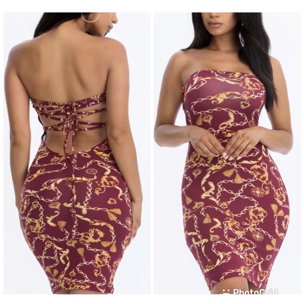 NWT capella New Burgundy Chain Print Criss‎ Cross Back Dress L